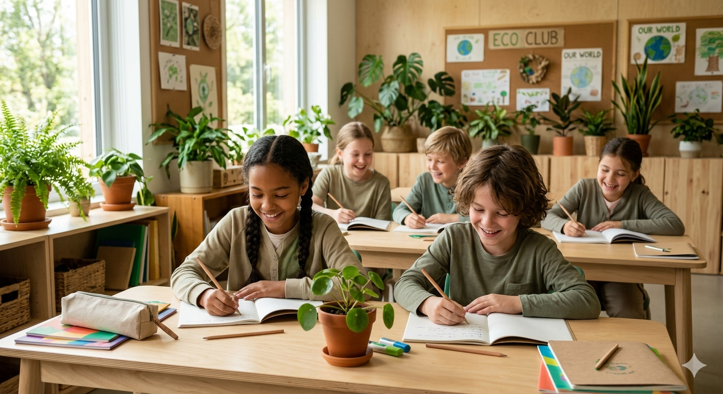 Ninos escribiendo en aula con ambiente ecologico