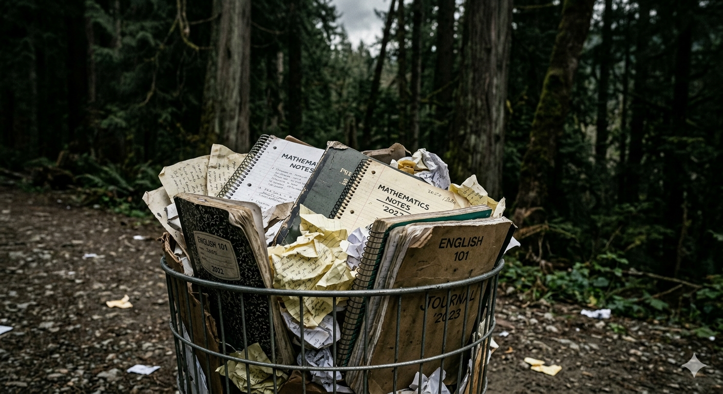 Cuadernos usados y papel en basura con referencia ambiental