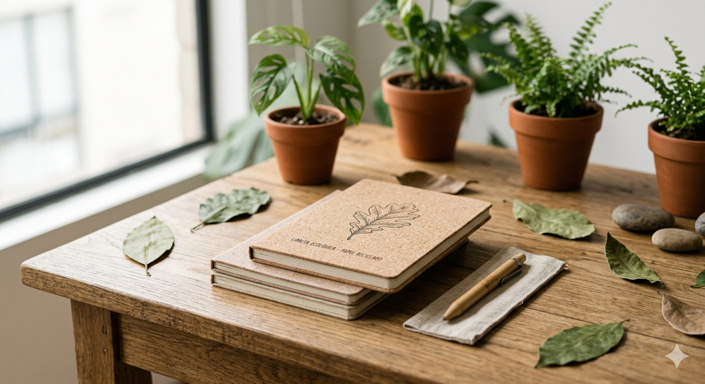 Libretas ecologicas sobre mesa de madera con elementos naturales