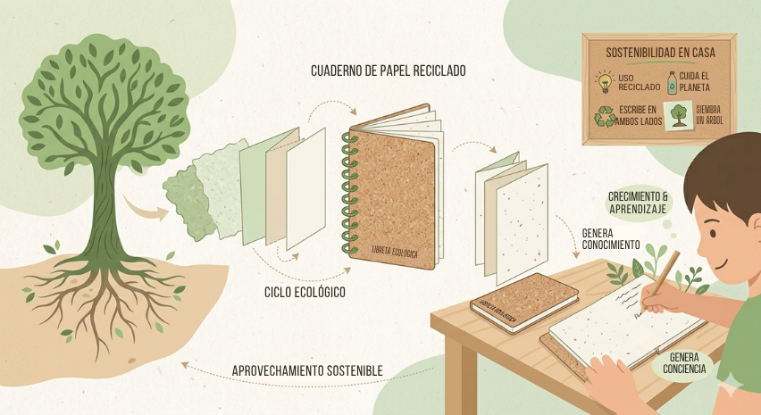 Ilustracion de ciclo ecologico desde arbol hasta libreta y aprendizaje