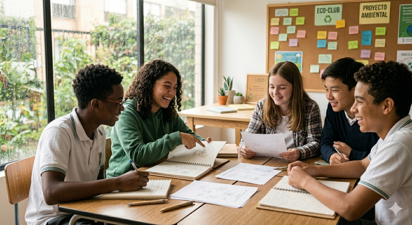 Estudiantes de secundaria colaborando en proyecto ecologico