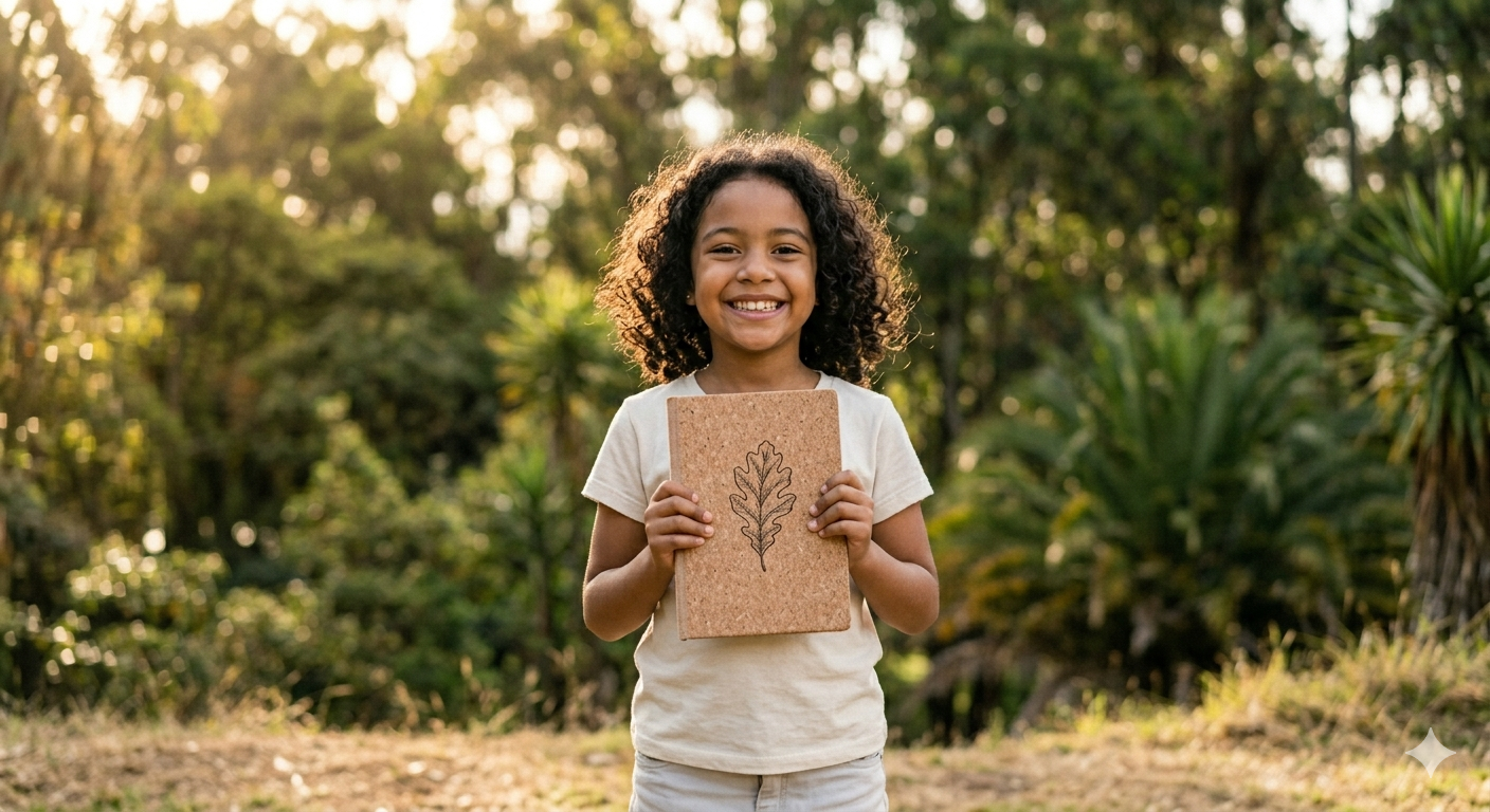 Nino mostrando libreta ecologica en exterior